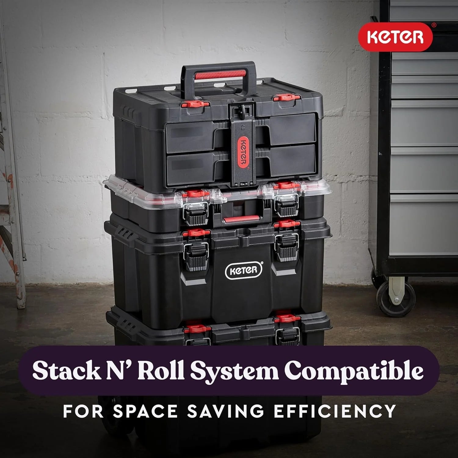 Modular Tools Organizer for Garage Storage and DIY, 3 Piece Resin Rolling Tool Box System for Small Parts