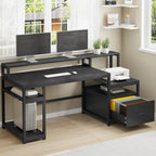 White Computer Desk with 5 Drawer & Power Outlet, 66'' Home Office Desk with File Drawer, Storage Shelves, Printer Cabinet and Monitor Shelf, Gaming Desk with Led Lights
