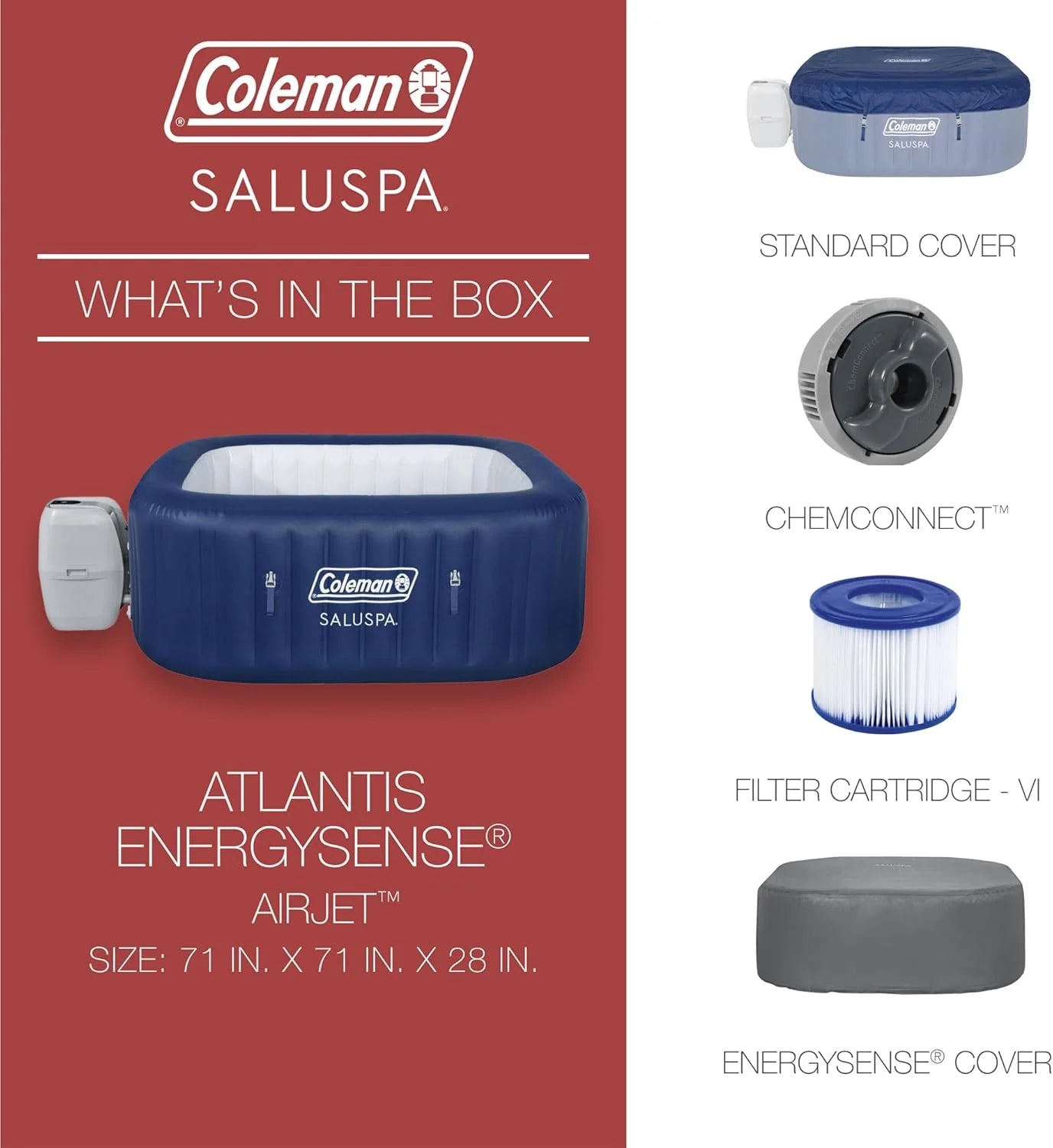 4 to 6 Person Inflatable Hot Tub Square Portable Outdoor Spa with 114 Soothing AirJets and Insulated Cover.