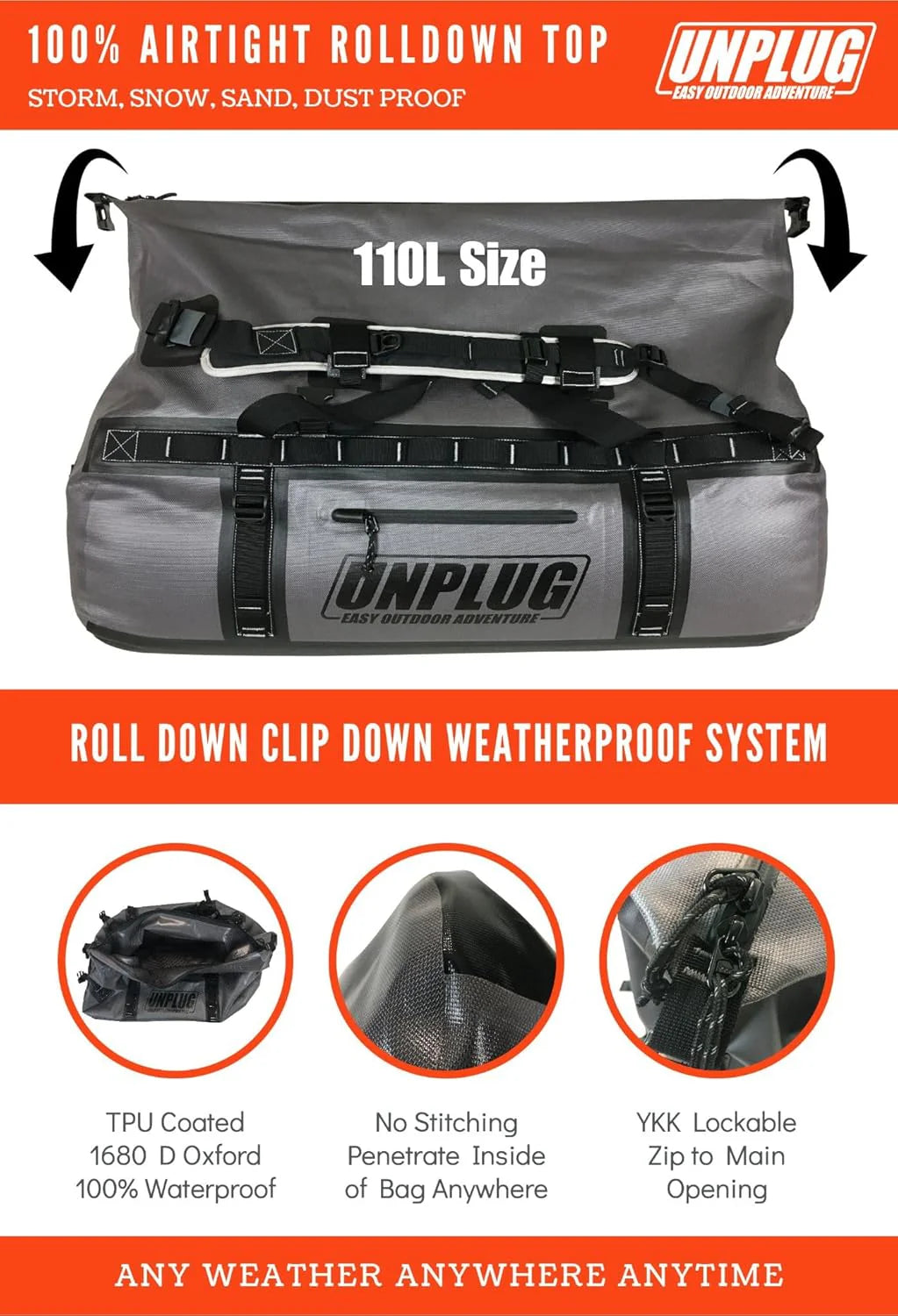 Ultimate Adventure Bag -1680D Heavy Duty Waterproof Travel Duffel Bags for Camping, Motorcycle Dry Bag, Waterproof Bags for Boating, Waterproof Duffle Backpack,Tactical Duffle Bag