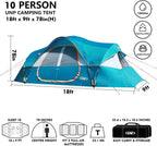 Camping Tent 10-Person-Family Tents, Parties, Music Festival Tent, Big, Easy Up, 5 Large Mesh Windows, Double Layer, 2 Room, Waterproof, Weather Resistant, 18ft x 9ft x78in