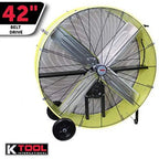 42′′ Belt Drive Drum Fan; Industrial, Garage, Shop, High Speed 2-Speed, Durable, Cut-Off Protection, Easy Mobility Rubber Wheels; SAFETY YELLOW.