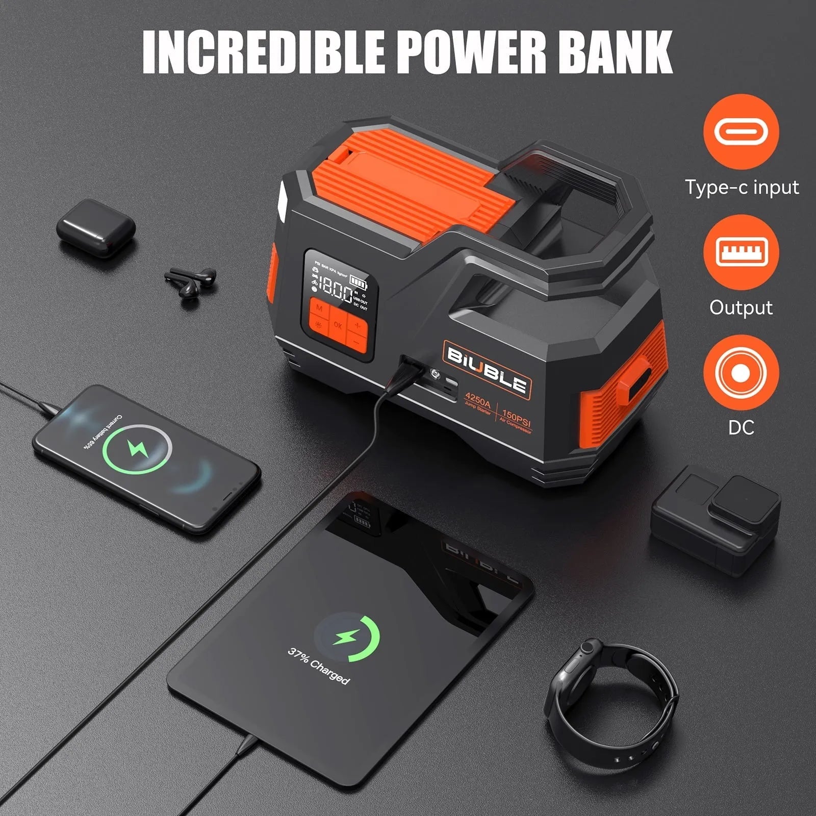 Car Jump Starter with Air Compressor, 4500A Peak 26800mAh 12V Auto with 150PSI Tire Inflator（up to All Gas or 10.0L Diesel Engine）