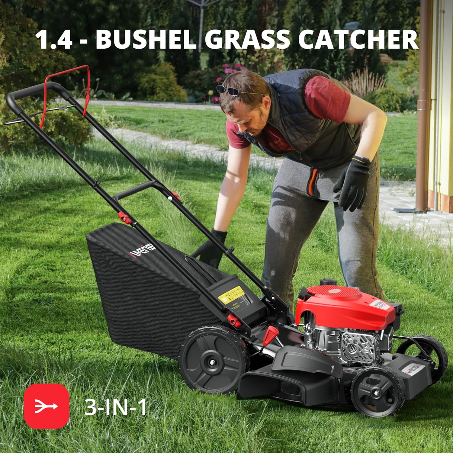21" Steel Deck Gas Lawn Mower, Heavy-Duty 3-in-1 Push Mower, 144cc 4-Stroke Engine, 6-Position Height Adjustment, Large 1.4 Bushel Grass Catcher, Durable & Efficient for Yard & Garden