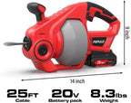 20V Cordless Electric Drain Auger-Efficient 25Ft Auto-Feed Drain Snake with Replaceable Cable,2.0Ah Battery,Charger,Storage Bag & Gloves for Kitchen,Bathroom,Shower Pipes (3/4"-2")"