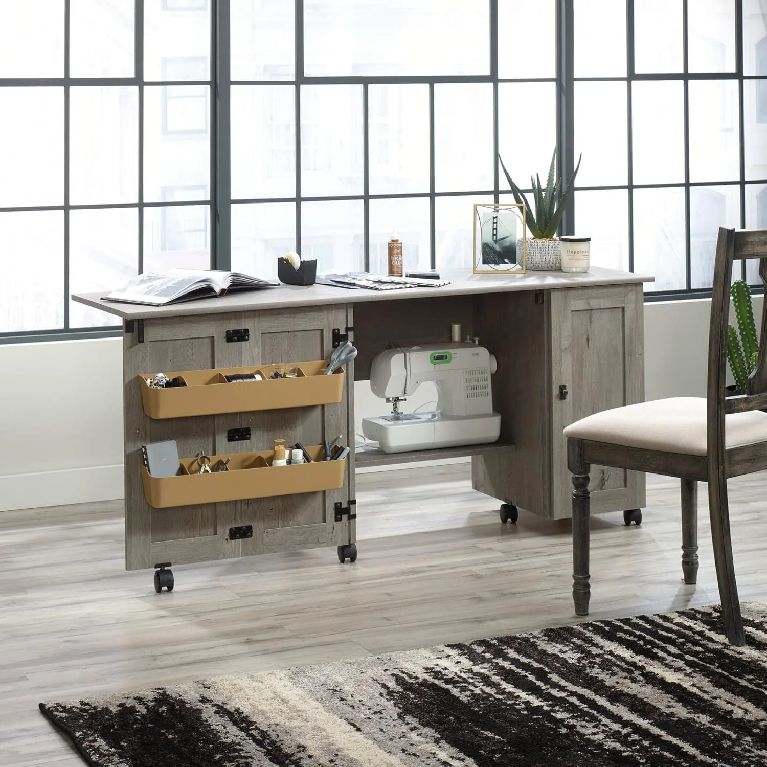 Craft Cart Storage Cabinet, Rolling Sewing Table with Expandable Top, Mystic Oak