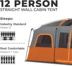 Straight Wall Cabin Tents | 10 Person / 11 Person / 12 Person Large Multi Room Family Tents for Car Camping & Outdoor Adventures