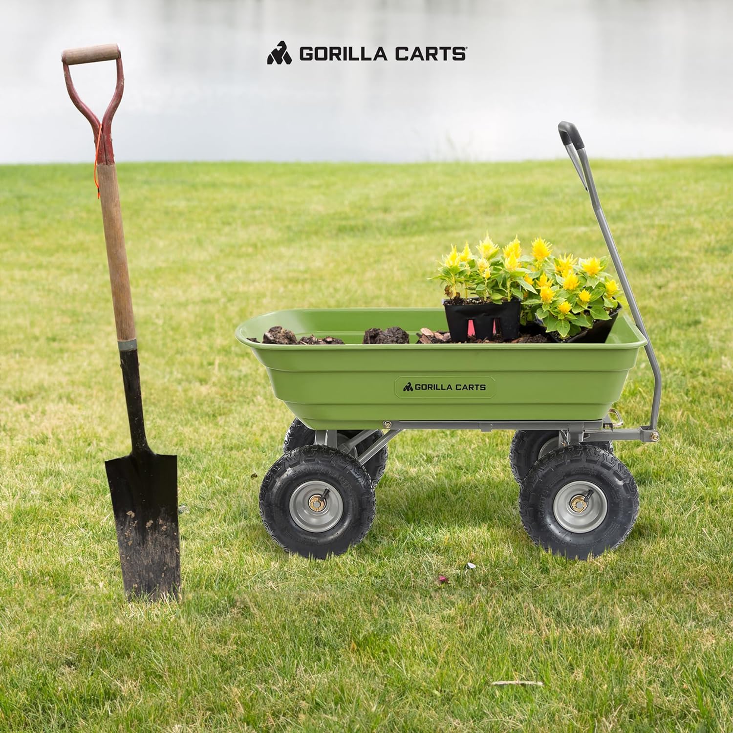 Heavy Duty Poly Utility Dump Wagon Garden Cart w/Pneumatic Tires, 6 Cu Ft - 1200 lb Capacity Outdoor Wheelbarrow for Yard, Landscaping & Gardening, Lawn Tractor or ATV Towable-Gorilla Carts