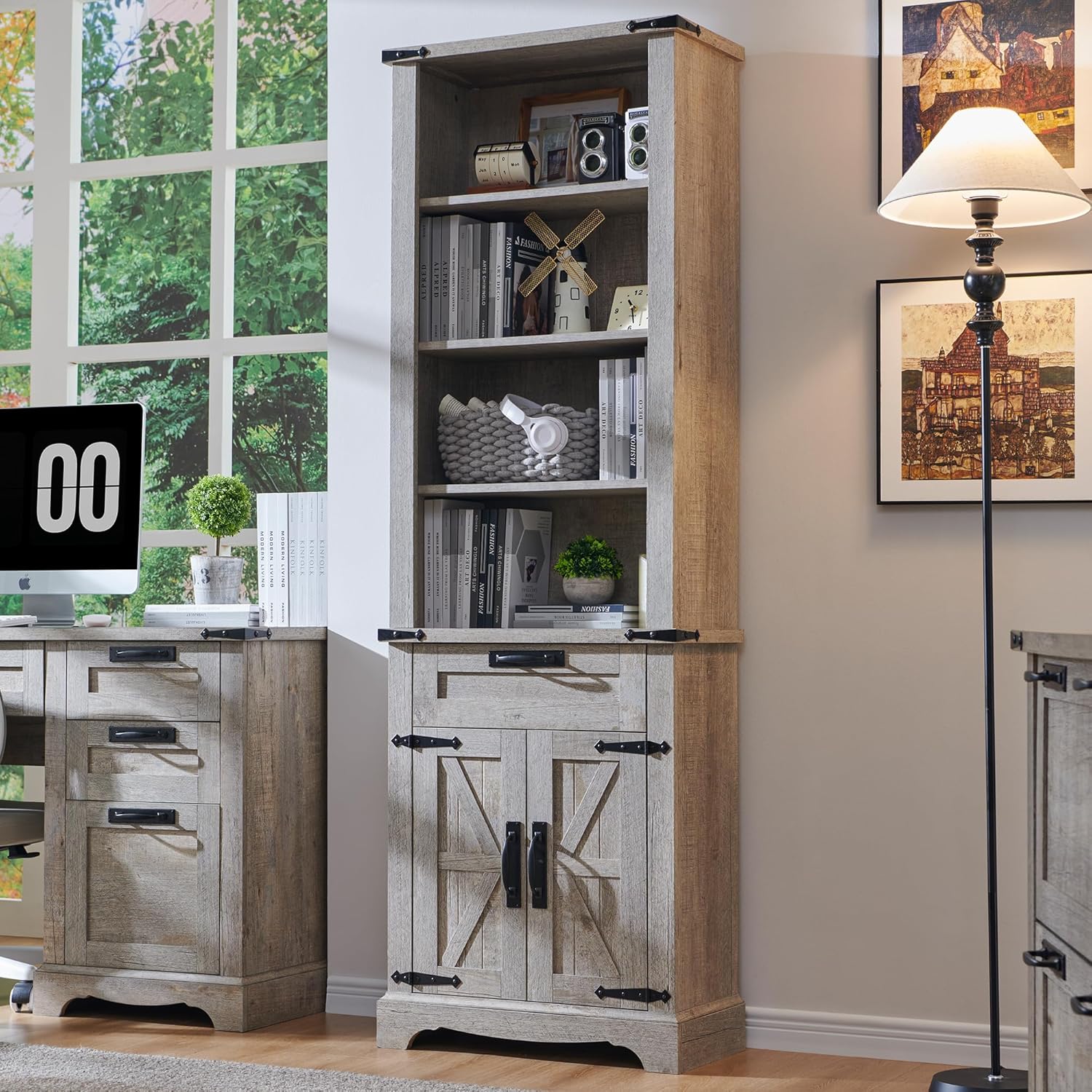 Bookcase with 2 File Drawers, 72" Tall Farmhouse Bookshelf with Storage and Adjustable Shelves, 4 Tier Rustic Wood Bookshelf with Cabinet for Home Office, Living Room (Antique White)