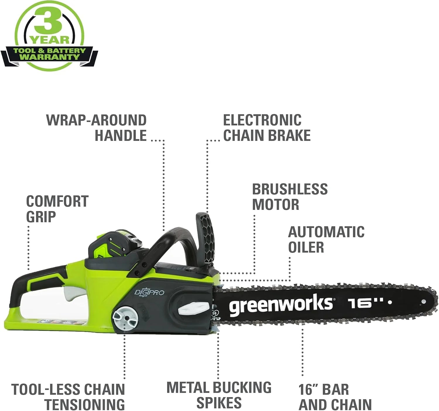40V 16" Brushless Cordless Chainsaw, 4.0Ah Battery and Charger Included