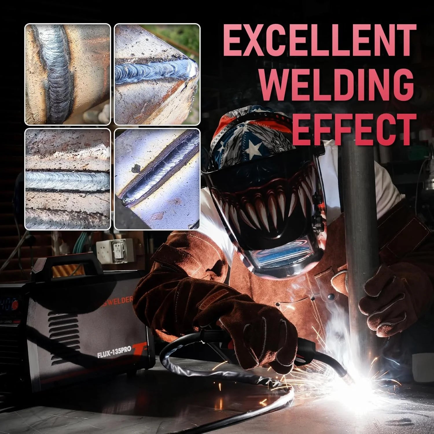 135Amp MIG Welder,110V Flux Core Welder Flux Core MIG/Lift TIG/Stick 3-in-1 Large LED Digital Display Welding Machine IGBT Inverter Welder FLUX-135PRO
