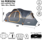 Camping Tent 10-Person-Family Tents, Parties, Music Festival Tent, Big, Easy Up, 5 Large Mesh Windows, Double Layer, 2 Room, Waterproof, Weather Resistant, 18ft x 9ft x78in