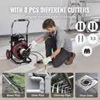 Drain Cleaner Machine 100FT x 1/2 Inch, Auto Feed Sewer Snake Auger on Wheels, 550W Portable Drain Cleaning Machine with 8 Cutters & Air-activated Foot Switch for 2" to 4" Pipes