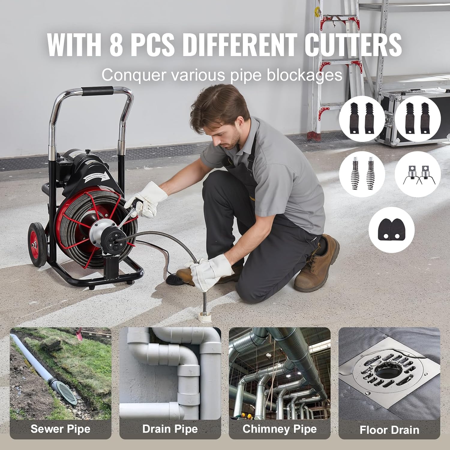 Drain Cleaner Machine 100FT x 1/2 Inch, Auto Feed Sewer Snake Auger on Wheels, 550W Portable Drain Cleaning Machine with 8 Cutters & Air-activated Foot Switch for 2" to 4" Pipes